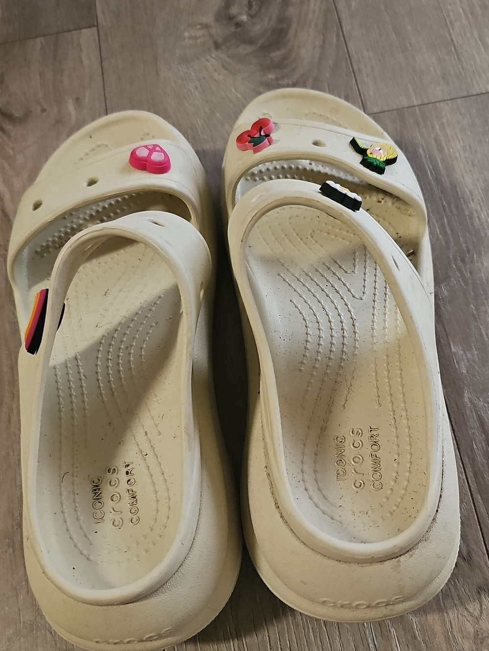 CROCS Cream Slide Sandals with Colorful Charms